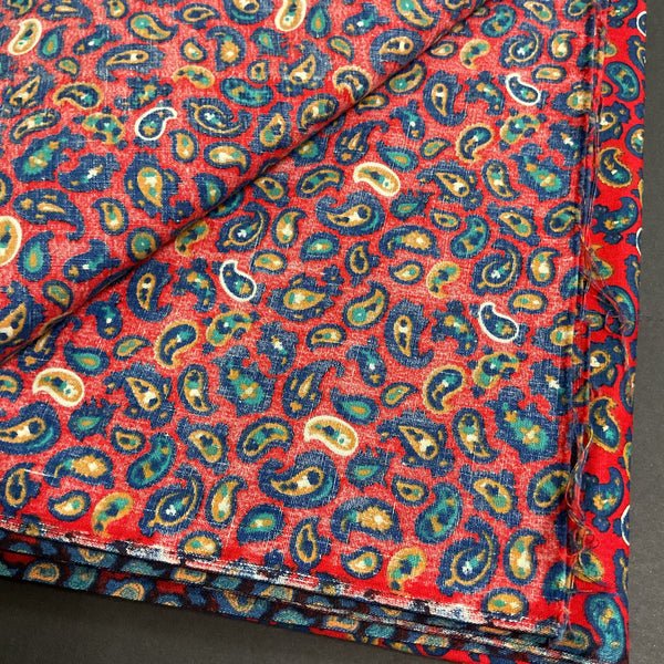 Vintage Red Paisley Fabric Brown Blue Green Cotton 43 x 62