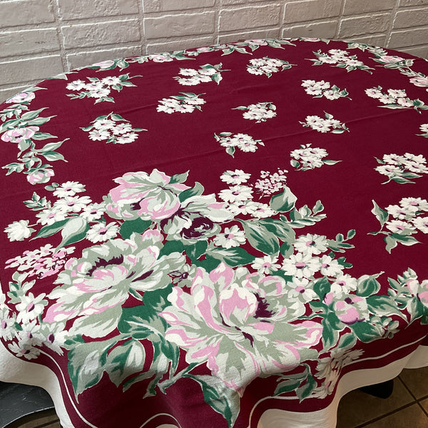 Vintage Startex Tablecloth Square Floral Burgundy 48 x 50