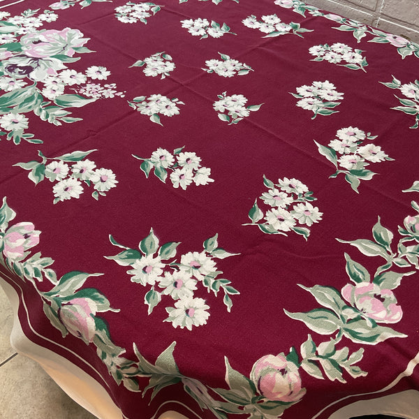 Vintage Startex Tablecloth Square Floral Burgundy 48 x 50