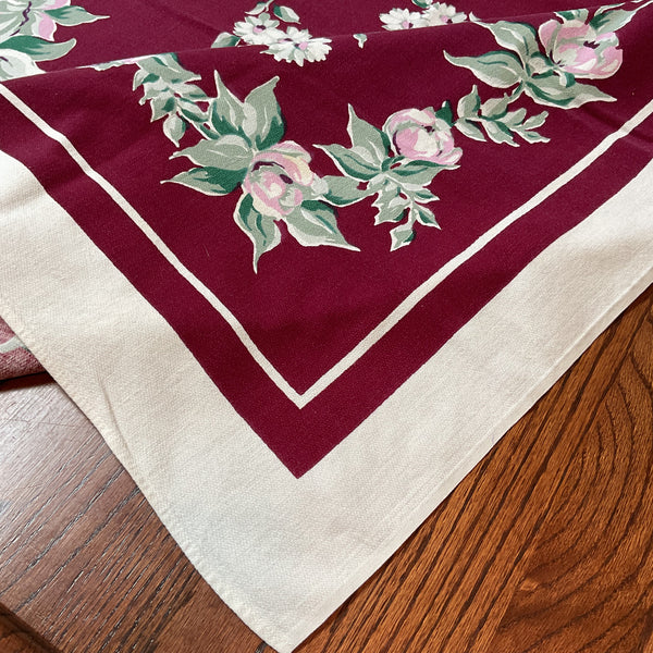 Vintage Startex Tablecloth Square Floral Burgundy 48 x 50