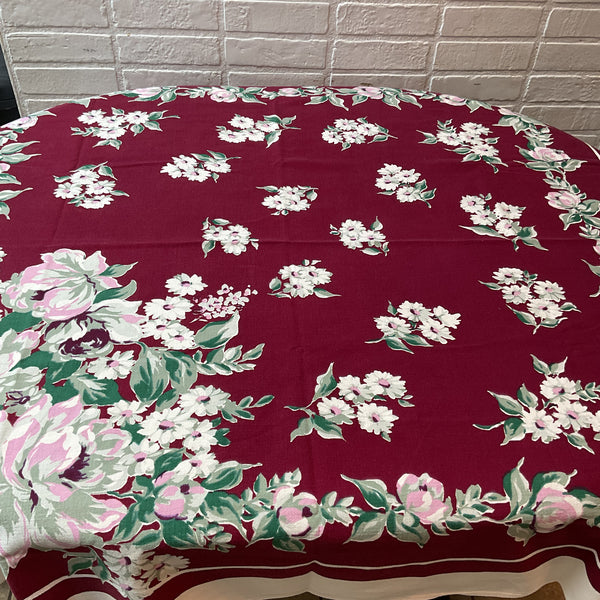 Vintage Startex Tablecloth Square Floral Burgundy 48 x 50