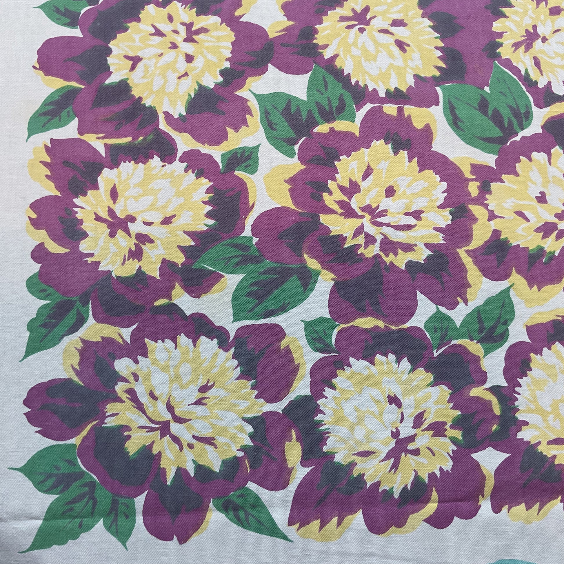 Vintage Tablecloth Rectangular Floral Violet Green Yellow 60 x 70 - Avid Vintage