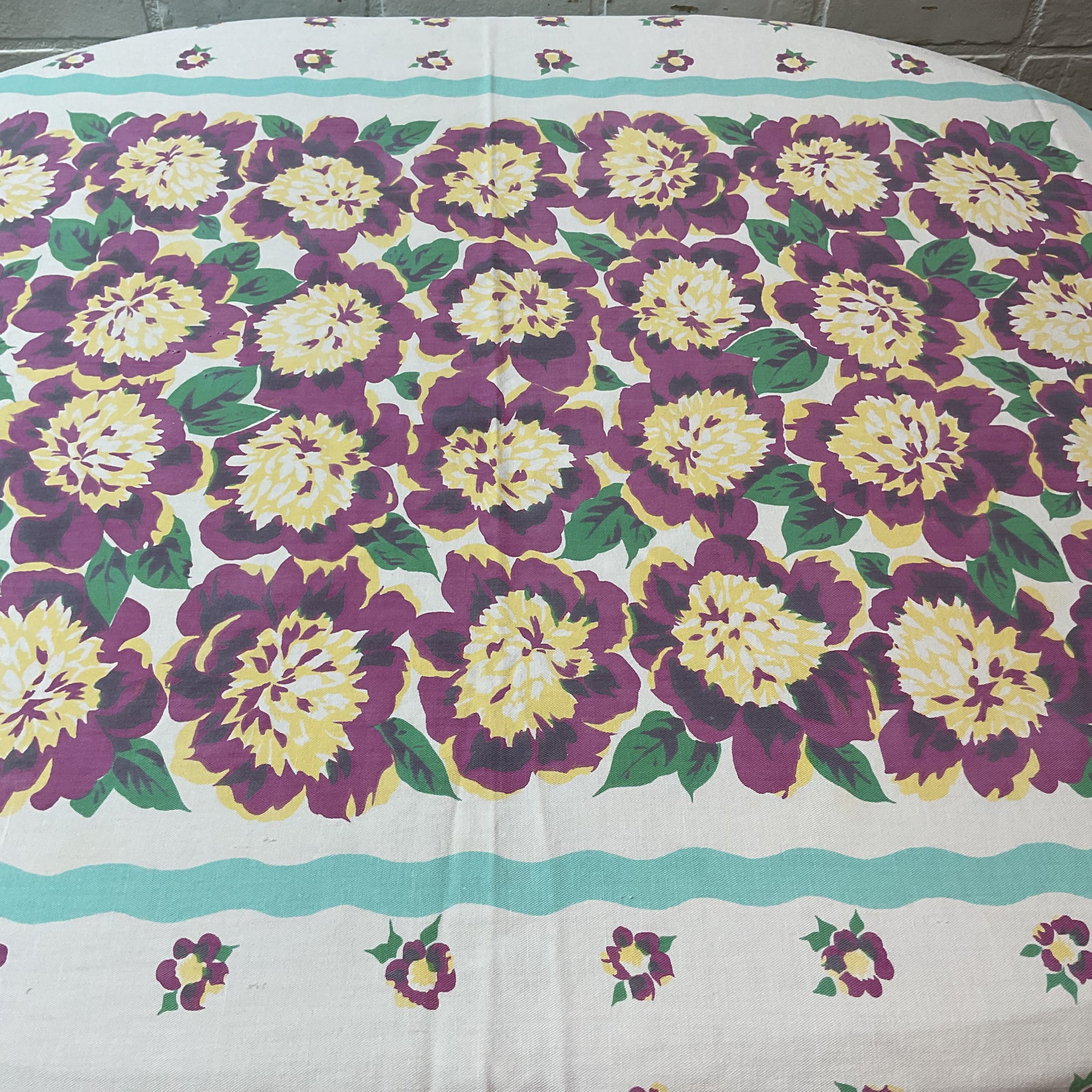 Vintage Tablecloth Rectangular Floral Violet Green Yellow 60 x 70 - Avid Vintage