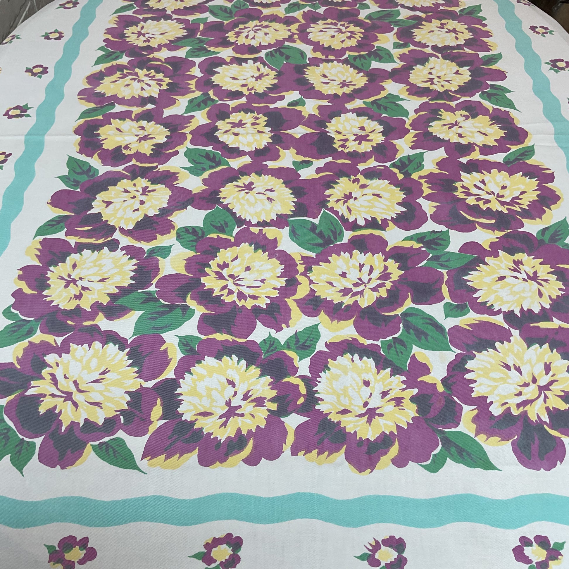 Vintage Tablecloth Rectangular Floral Violet Green Yellow 60 x 70 - Avid Vintage