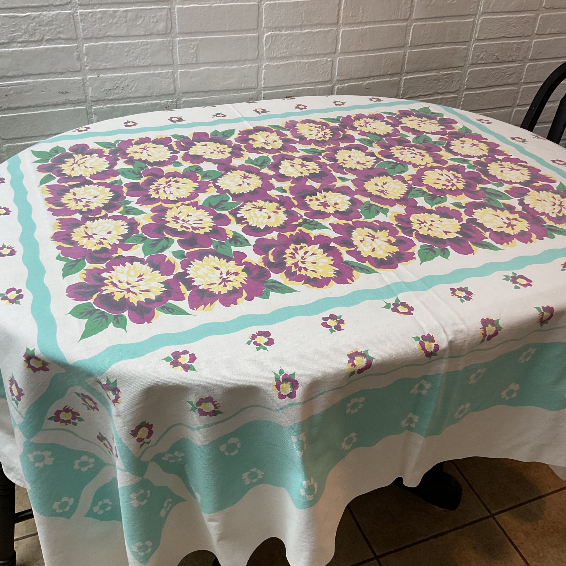 Vintage Tablecloth Rectangular Floral Violet Green Yellow 60 x 70 - Avid Vintage