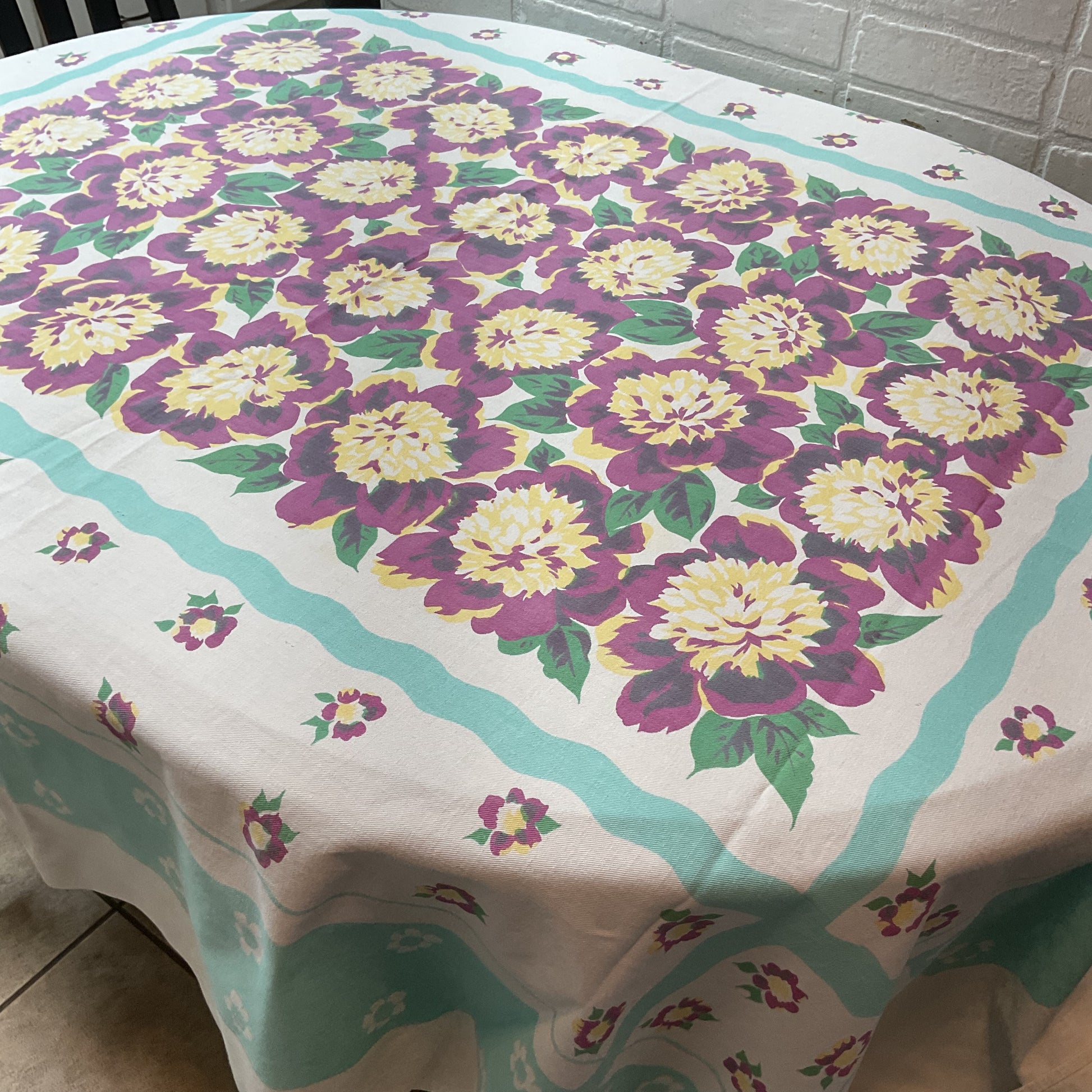 Vintage Tablecloth Rectangular Floral Violet Green Yellow 60 x 70 - Avid Vintage