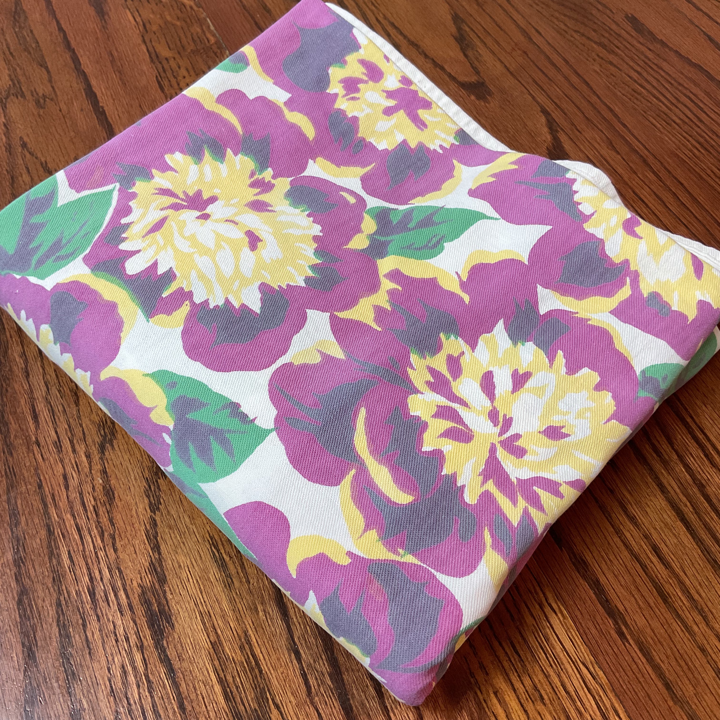 Vintage Tablecloth Rectangular Floral Violet Green Yellow 60 x 70 - Avid Vintage