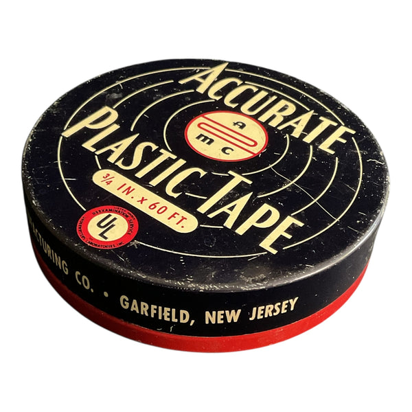 Vintage 1970s Advertising Tin Accurate Plastic Tape Empty Black and Red