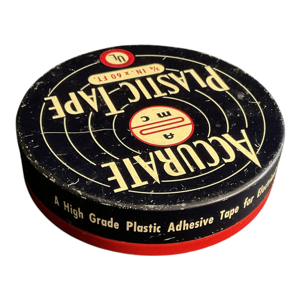 Vintage 1970s Advertising Tin Accurate Plastic Tape Empty Black and Red