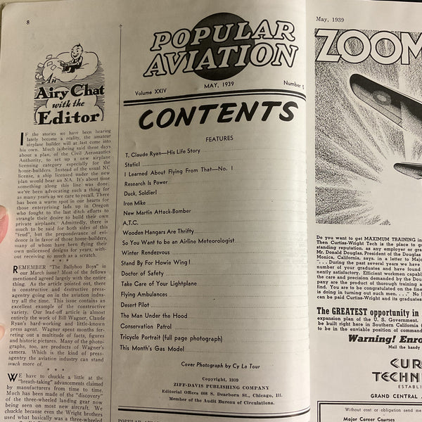 Popular Aviation Magazine May 1939 T Claude Ryan Life Story