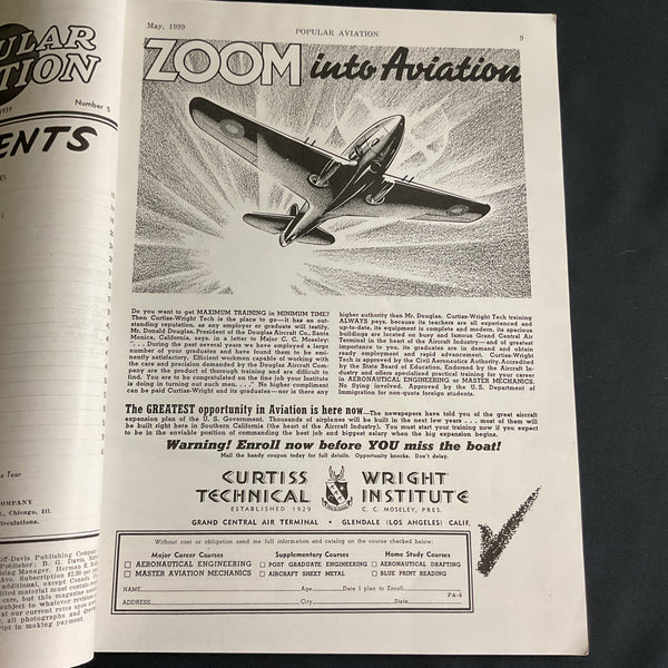 Popular Aviation Magazine May 1939 T Claude Ryan Life Story