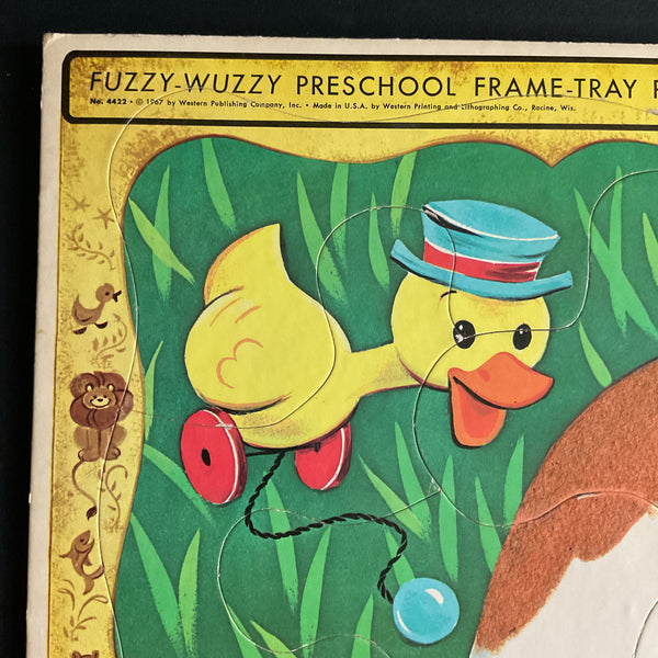 Vintage 1967 Fuzzy Wuzzy Frame Tray Puzzle 4422 Basset Hound Duck Pull Toy
