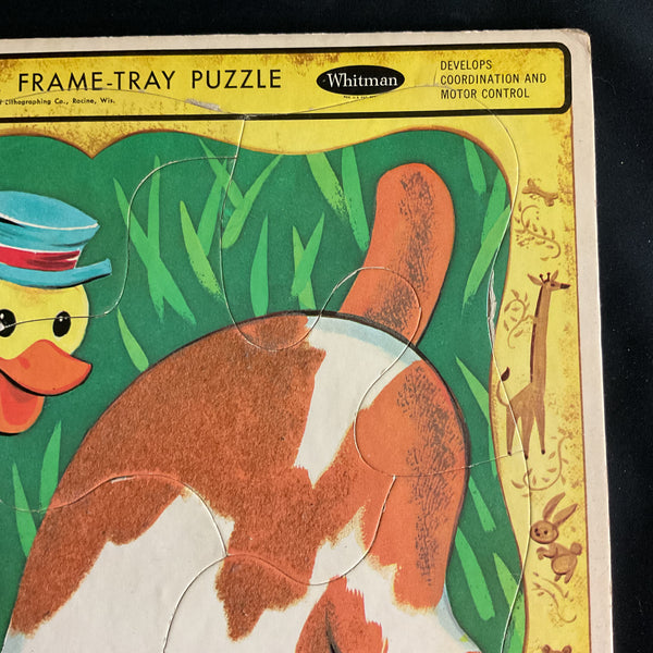 Vintage 1967 Fuzzy Wuzzy Frame Tray Puzzle 4422 Basset Hound Duck Pull Toy