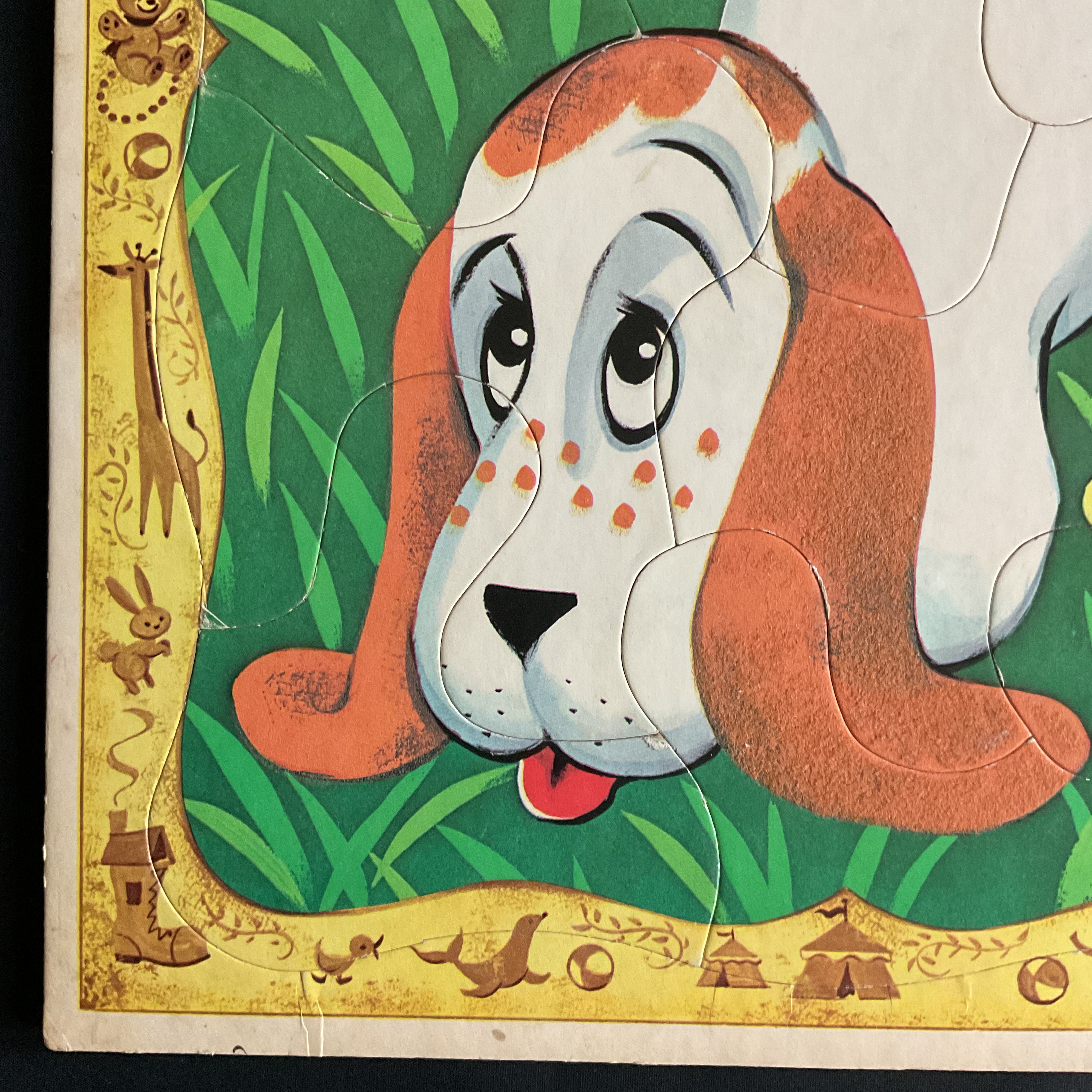 Vintage 1967 Fuzzy Wuzzy Frame Tray Puzzle 4422 Basset Hound Duck Pull Toy
