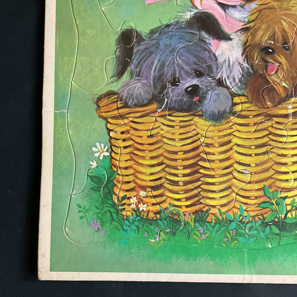 Vintage 1968 Whitman Frame Tray Puzzle 4558 Cute Puppies in a Basket
