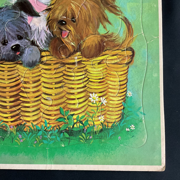 Vintage 1968 Whitman Frame Tray Puzzle 4558 Cute Puppies in a Basket