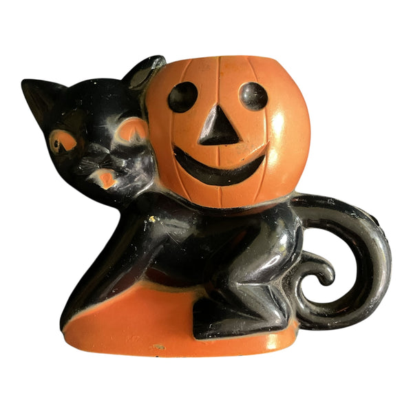Vintage 1950s Rosbro Halloween Cat Jack O Lantern Candy Container