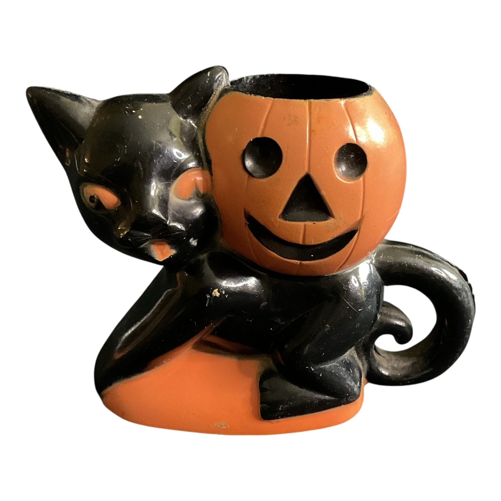 Vintage 1950s Rosbro Halloween Cat Jack O Lantern Candy Container