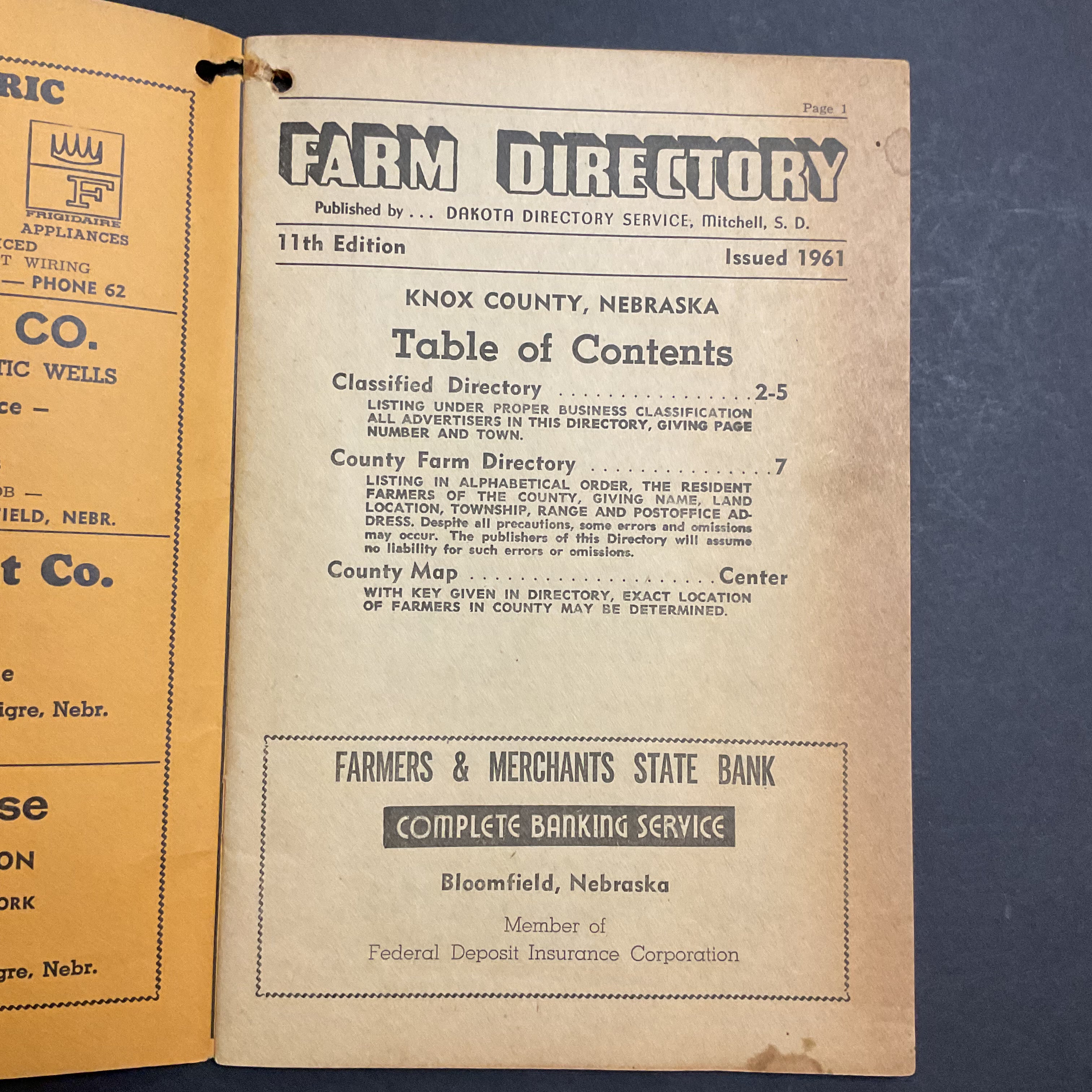 Vintage 1961 Knox County Nebraska Farm Directory Book
