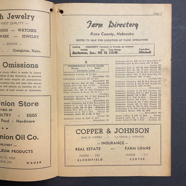 Vintage 1961 Knox County Nebraska Farm Directory Book