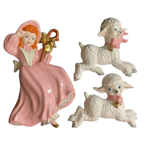 Vintage Little Bo Peep Ceramic Set of 3 Baby Nursery Wall Art