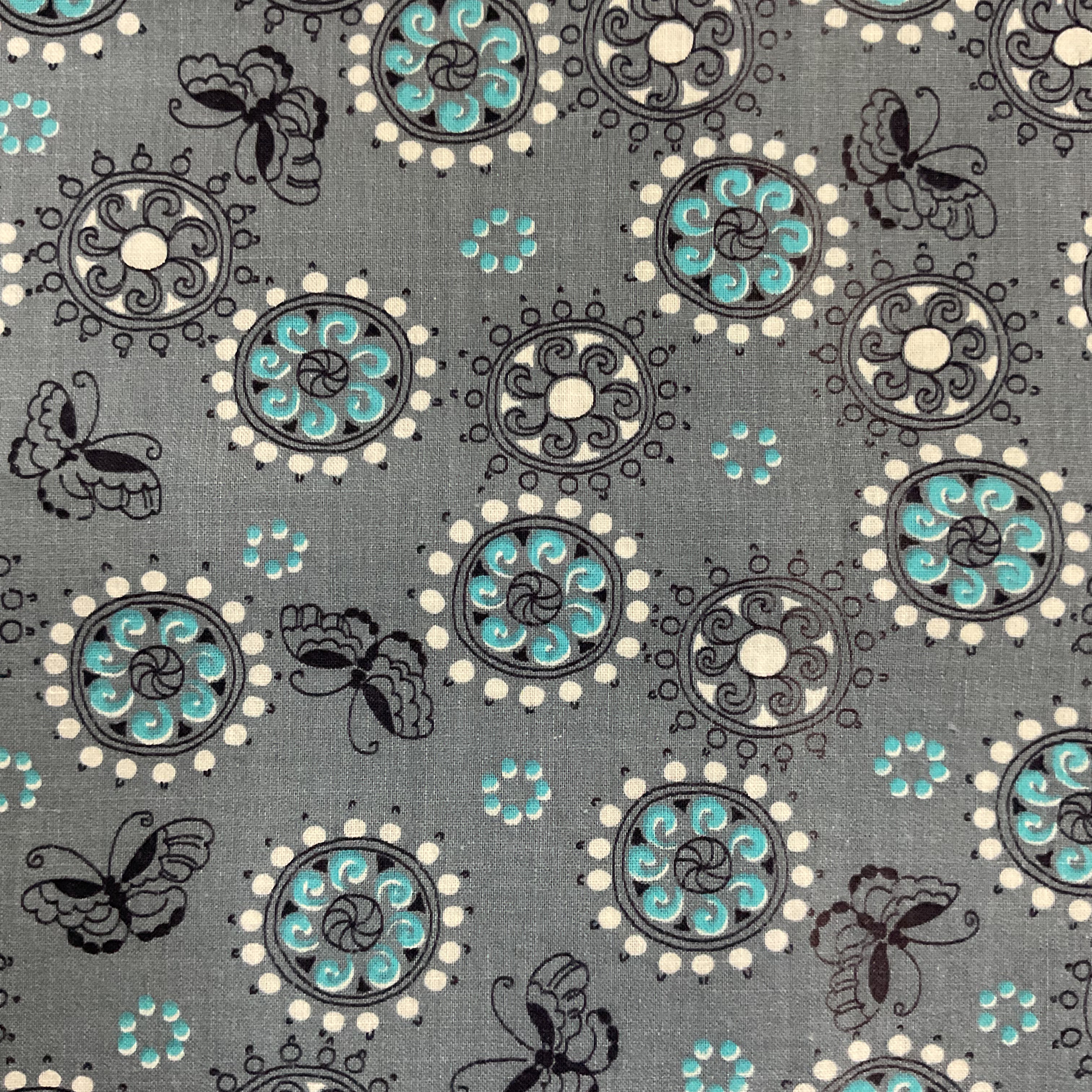 Vintage Fabric Turquoise and White Circles on Gray 36 x 64