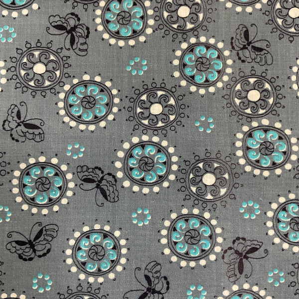 Vintage Fabric Turquoise and White Circles on Gray 36 x 64
