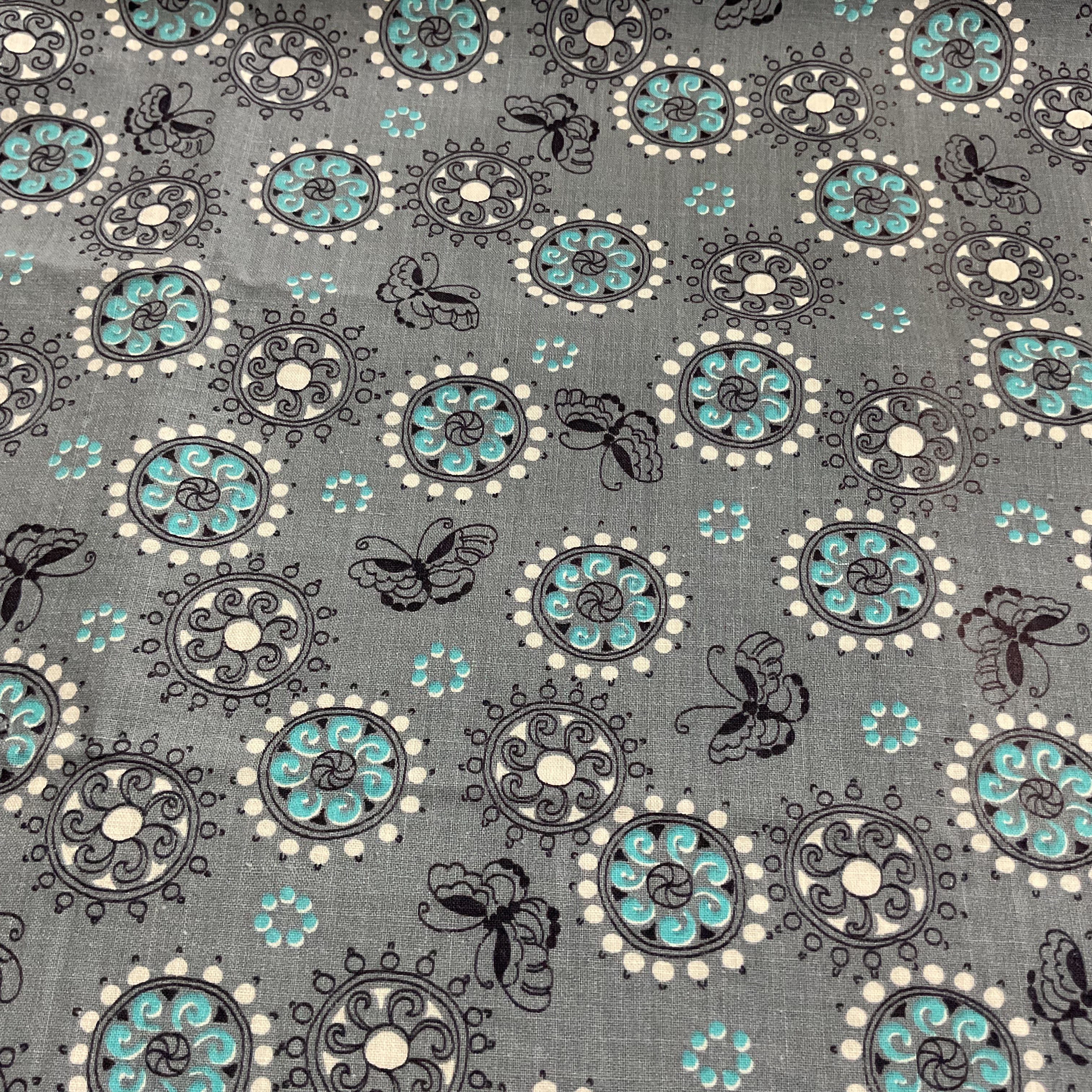 Vintage Fabric Turquoise and White Circles on Gray 36 x 64