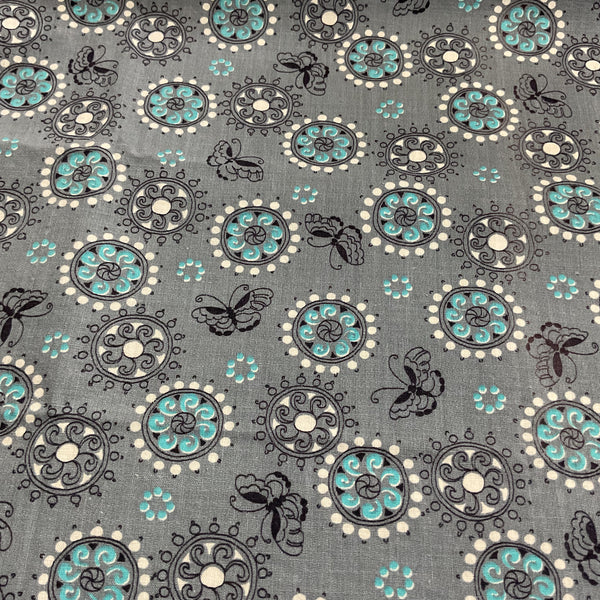 Vintage Fabric Turquoise and White Circles on Gray 36 x 64