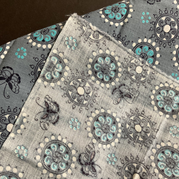 Vintage Fabric Turquoise and White Circles on Gray 36 x 64