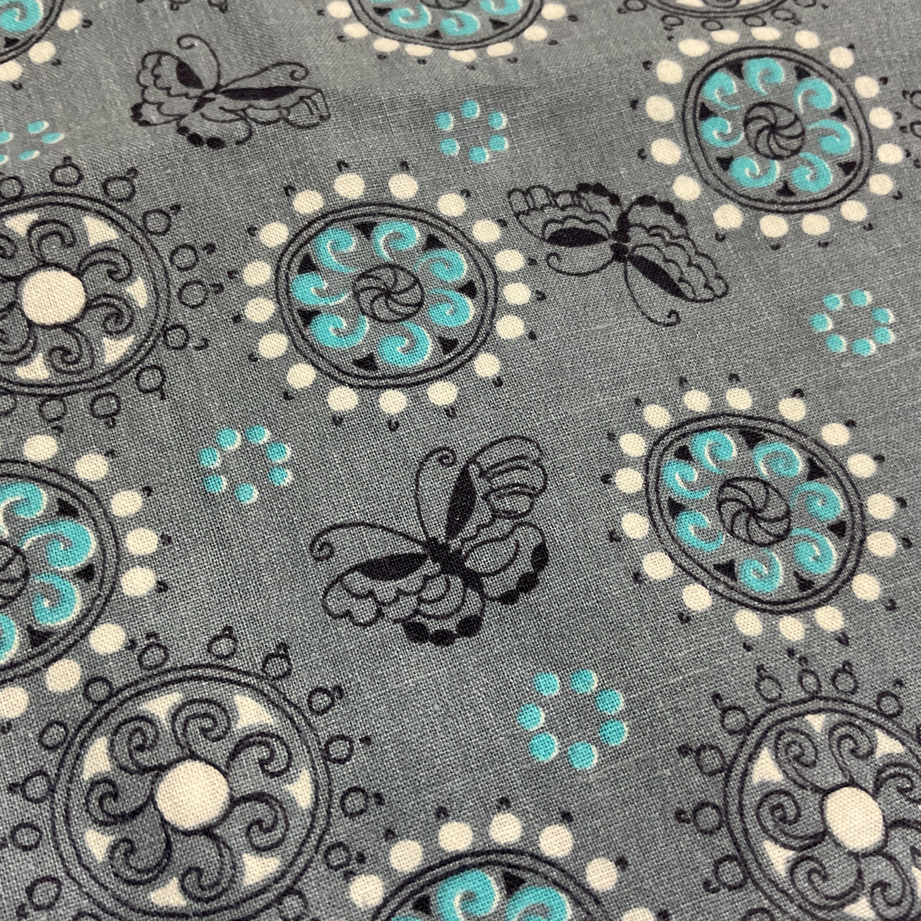 Vintage Fabric Turquoise and White Circles on Gray 36 x 64