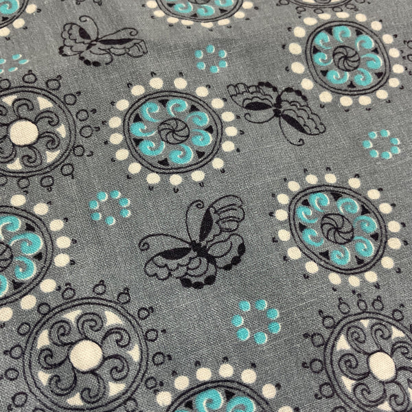 Vintage Fabric Turquoise and White Circles on Gray 36 x 64