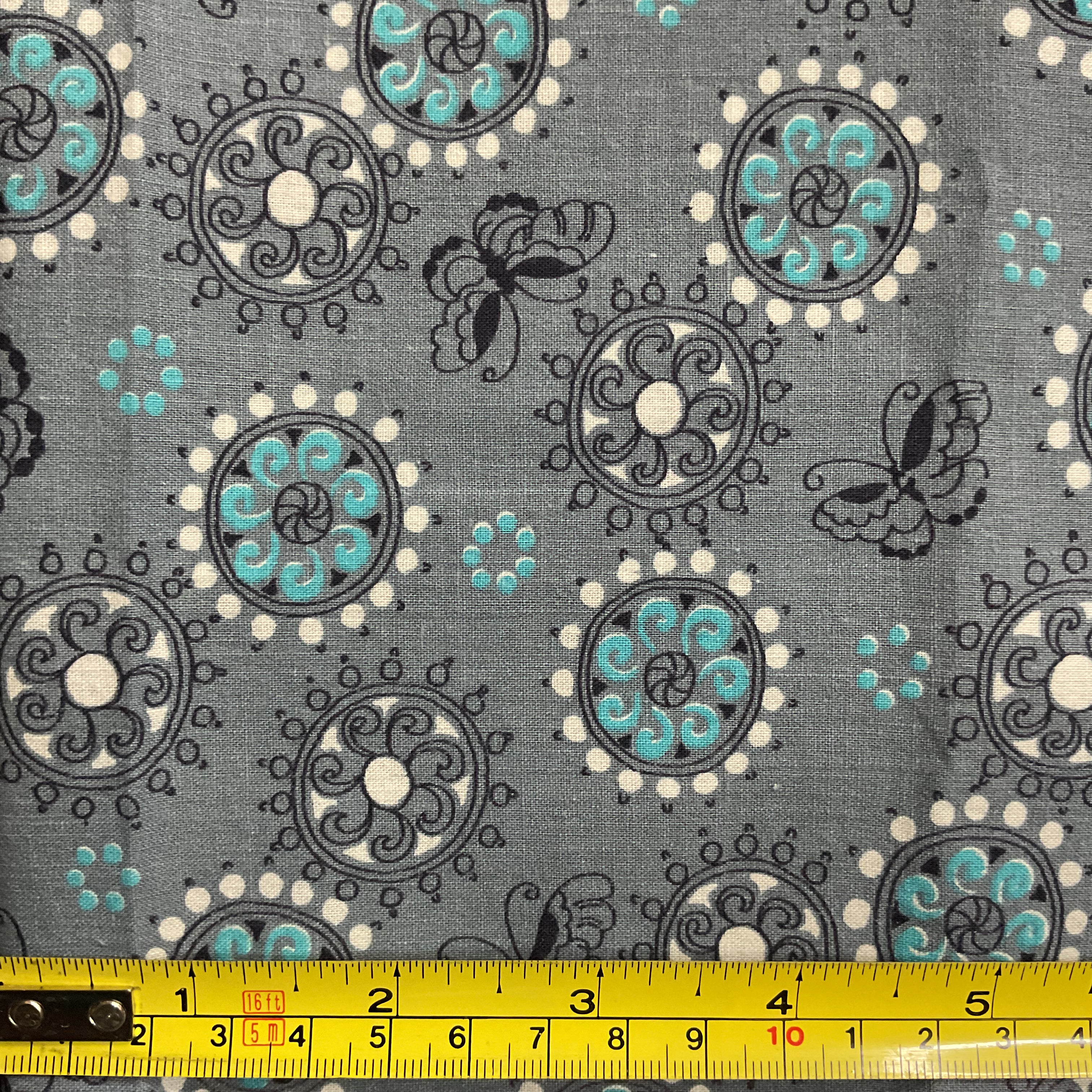 Vintage Fabric Turquoise and White Circles on Gray 36 x 64