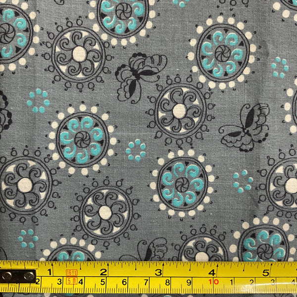 Vintage Fabric Turquoise and White Circles on Gray 36 x 64