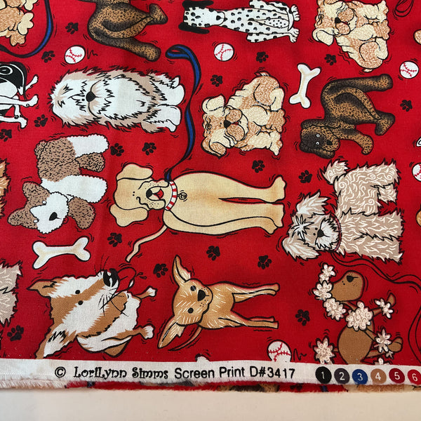 LoriLynn Simms Novelty Cotton Fabric Dogs on Red 44 x 1 Yard Material
