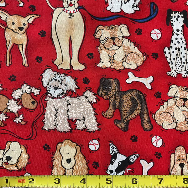 LoriLynn Simms Novelty Cotton Fabric Dogs on Red 44 x 1 Yard Material