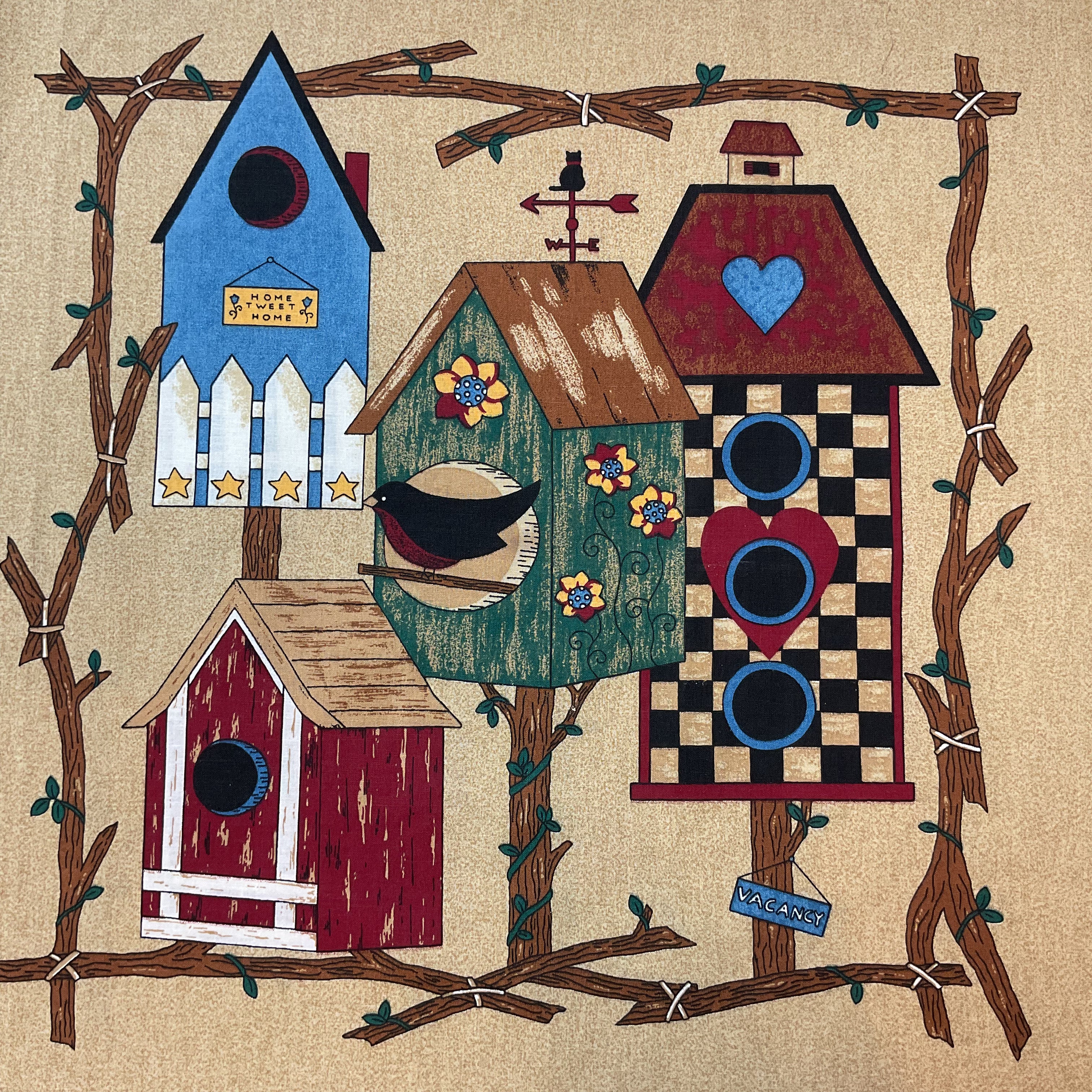 Vintage Home Tweet Home Birdhouses Springs Industries Pillow Fabric Panel