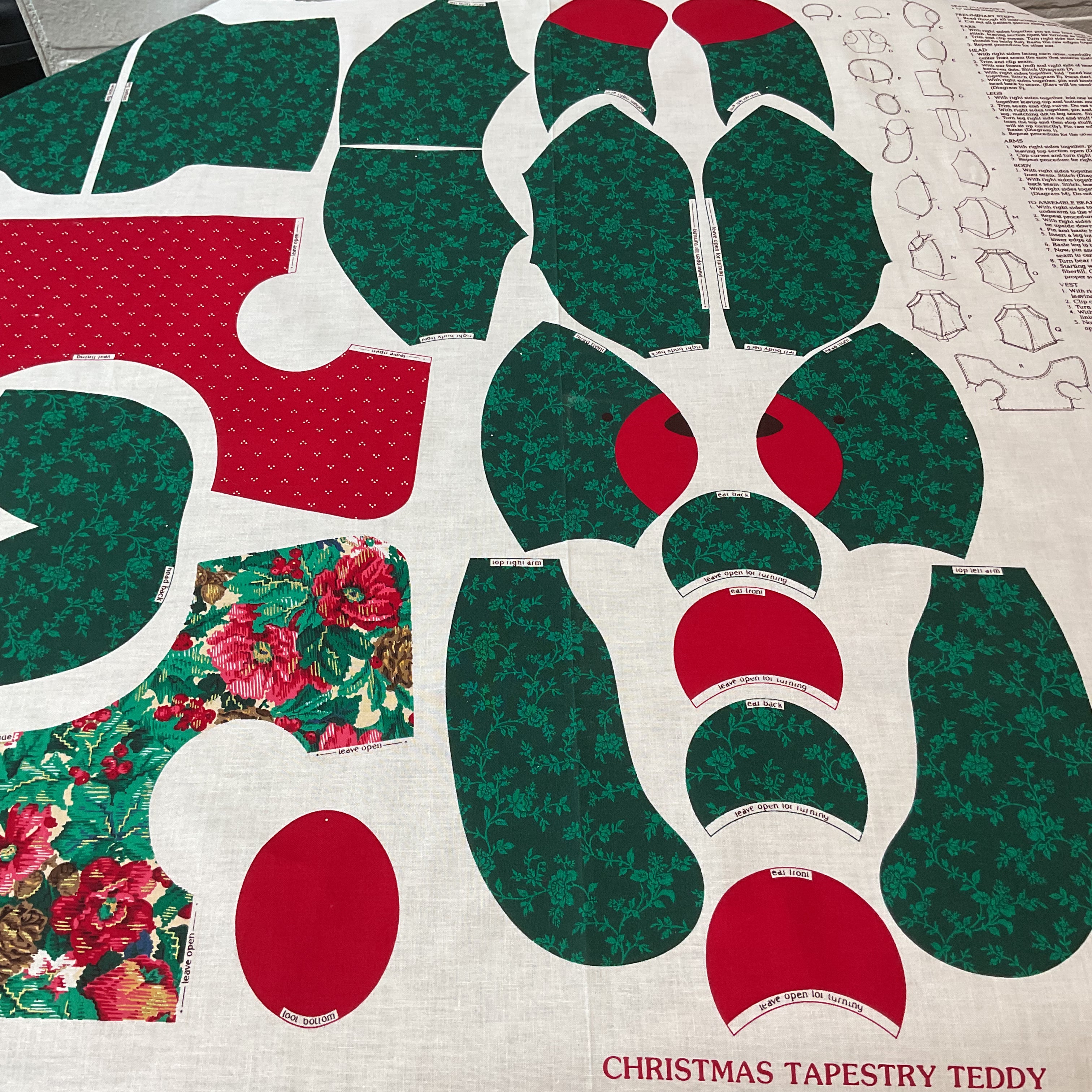 Vintage Cranston Christmas Tapestry Teddy Bear Cut and Sew Fabric Panel