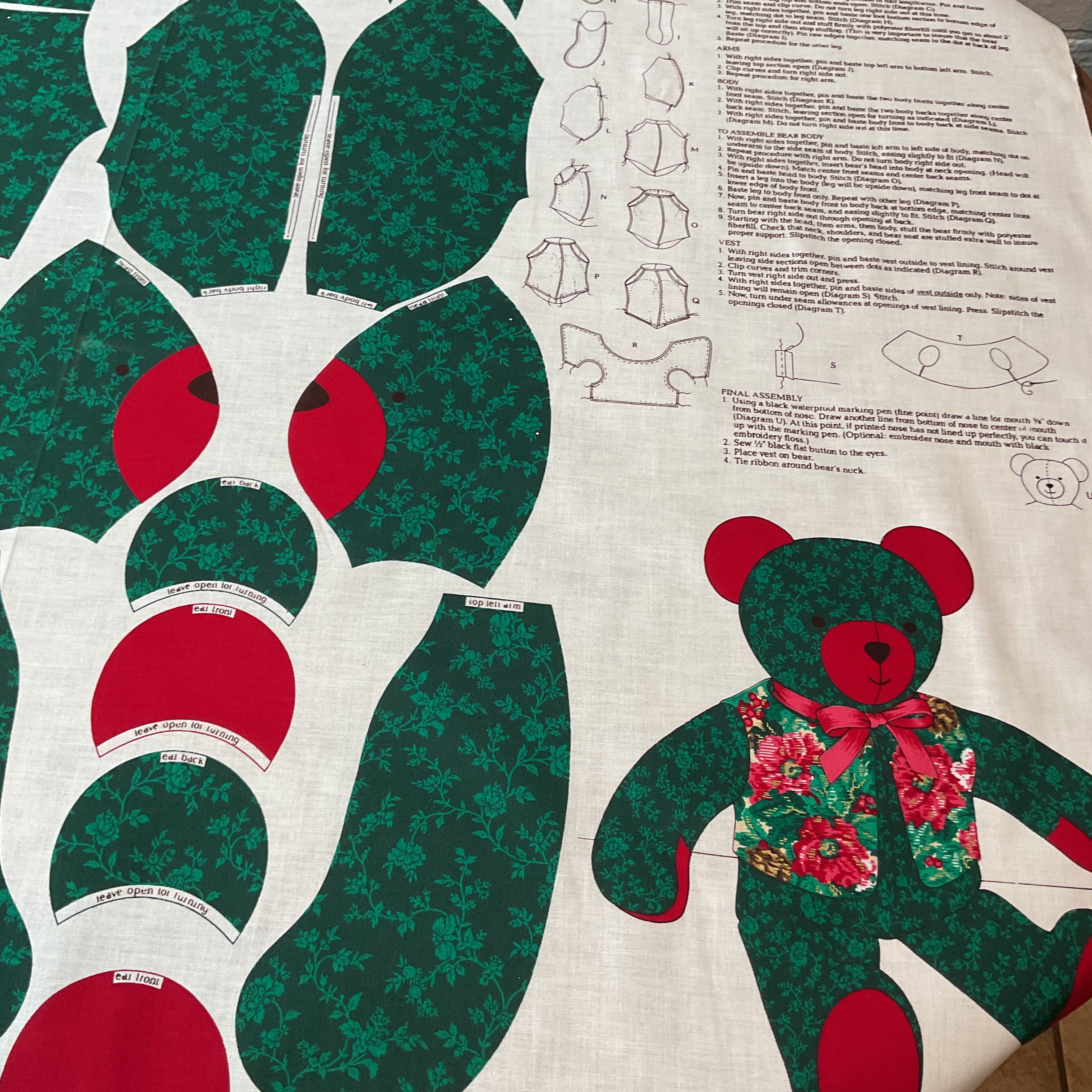 Vintage Cranston Christmas Tapestry Teddy Bear Cut and Sew Fabric Panel