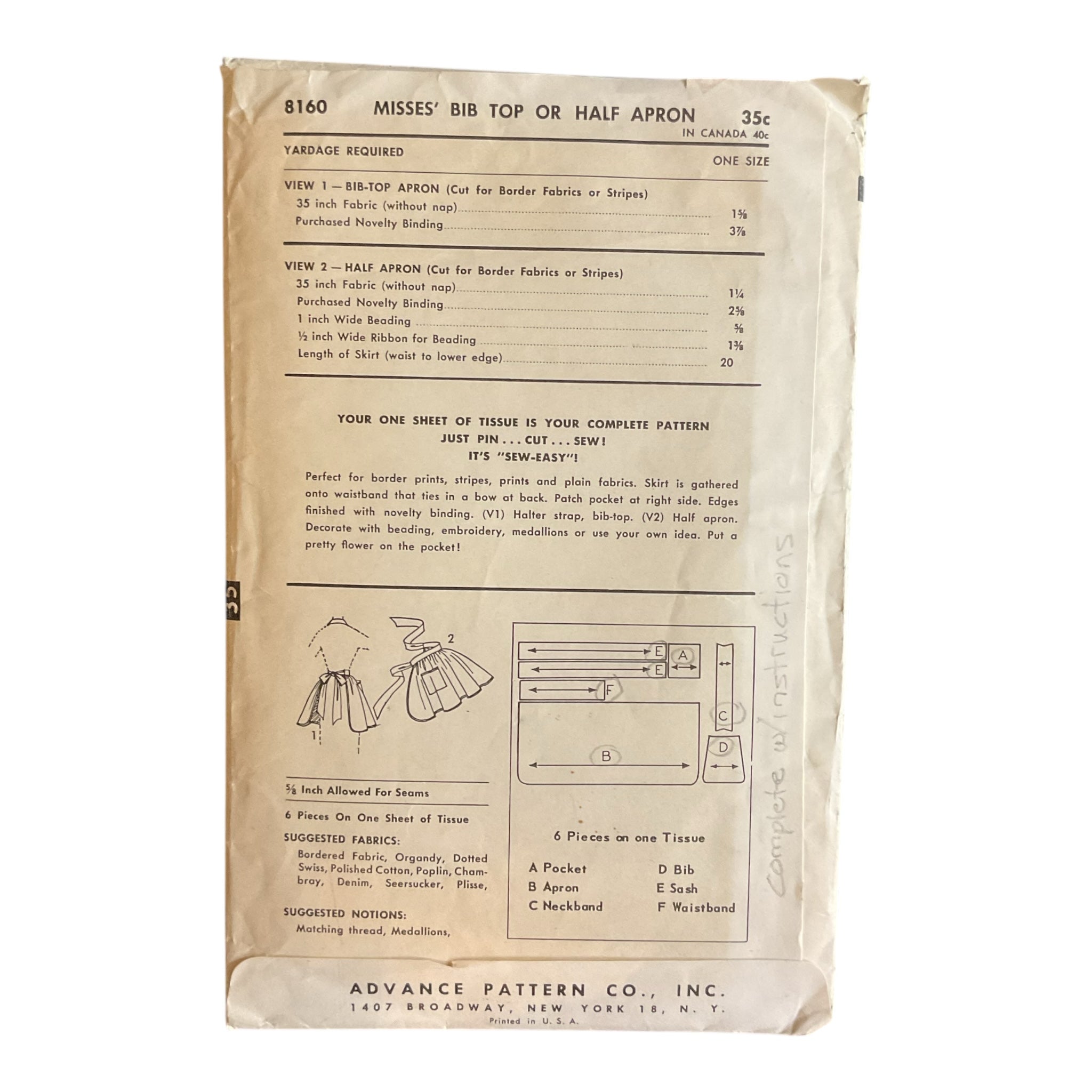 Vintage 1950s Bib or Half Apron Sewing Pattern Advance 8160