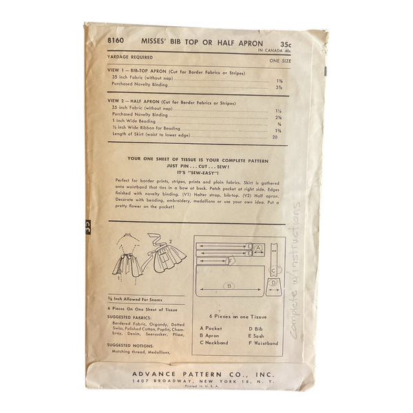 Vintage 1950s Bib or Half Apron Sewing Pattern Advance 8160