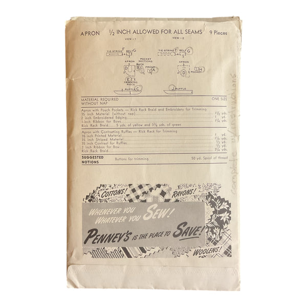Vintage Buttons and Bows Half Apron 1940s Advance Sewing Pattern