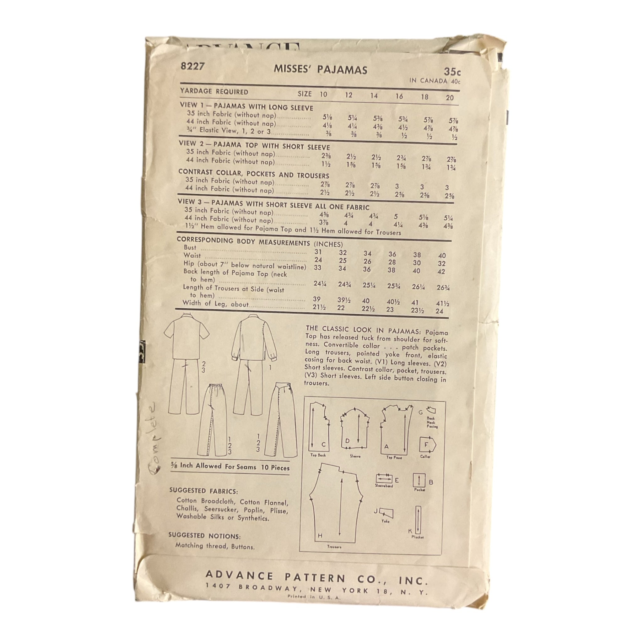 Vintage 1950s Misses' Pajamas Advance Sewing Pattern 8227 Bust 32 Waist 25