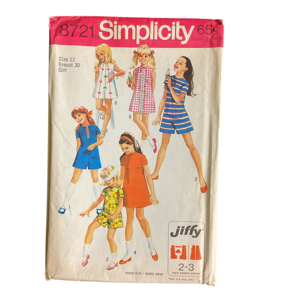 Vintage 1970s Simplicity Pattern 8721 Girls Pant Dress Bust 30 Hip 32 Size 12