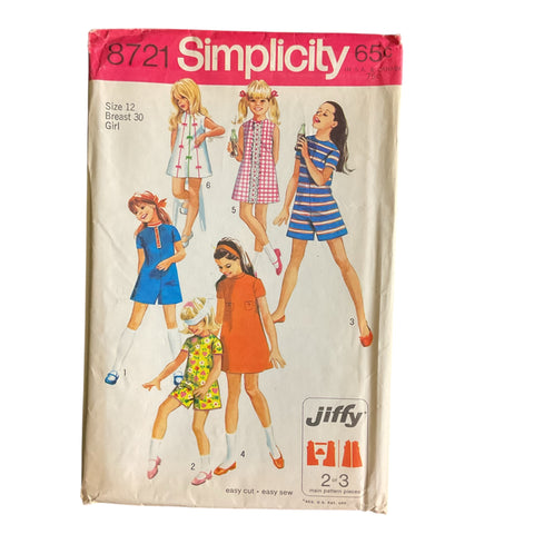Vintage 1970s Simplicity Pattern 8721 Girls Pant Dress Bust 30 Hip 32 Size 12