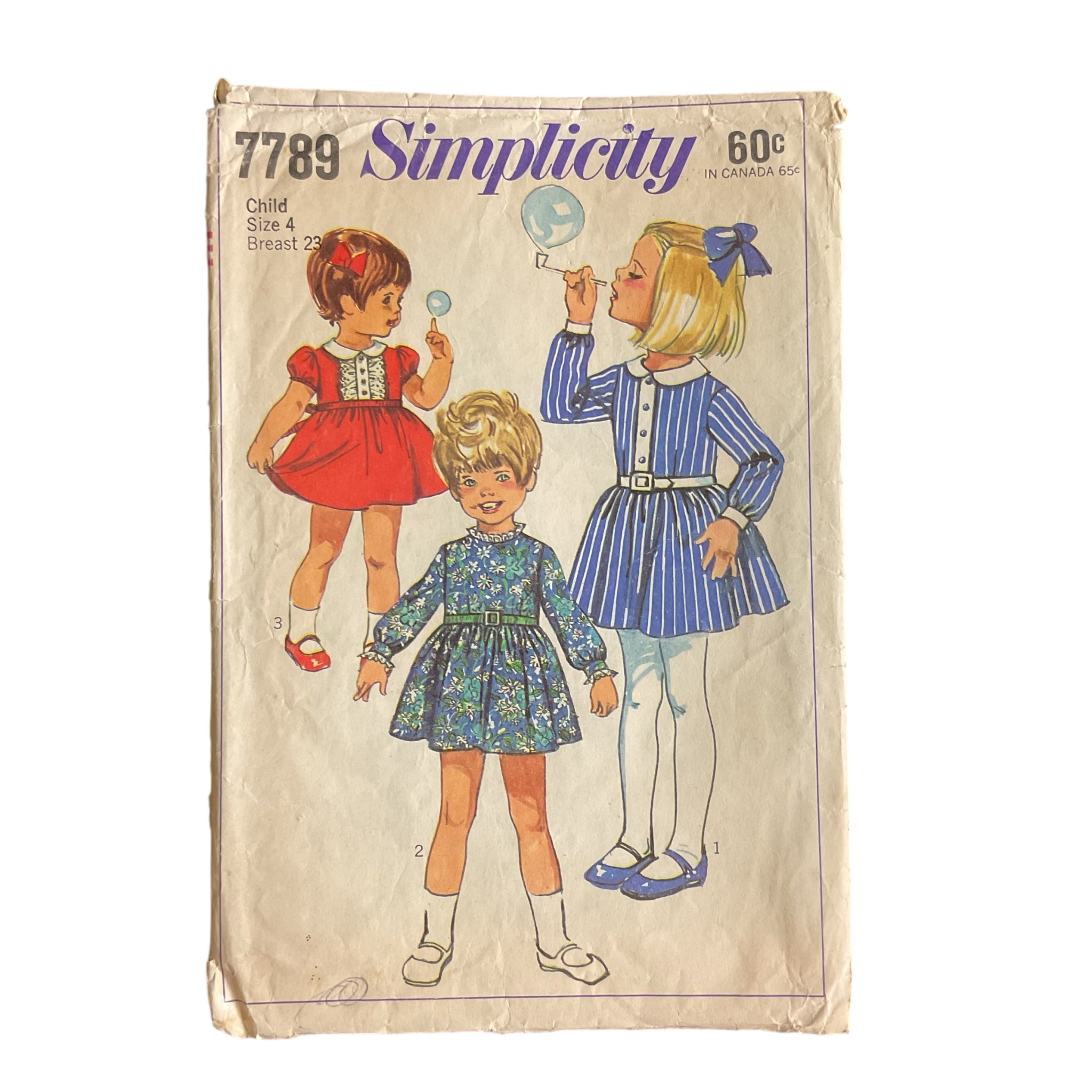 Vintage 1960s Simplicity Pattern 7789 Girls Short Dress Peter Pan Collar Bust 23 Waist 21 Size 4 - Avid Vintage