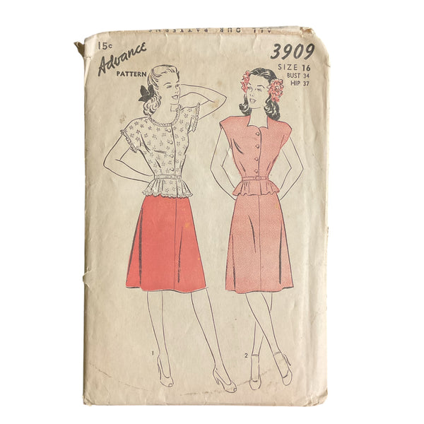 Vintage 1940s Advance Pattern 3909 Knee Length Short Sleeve Belted Waist Dress Bust 34 Hip 37