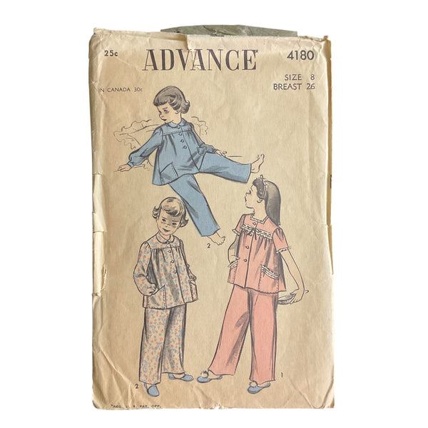 Vintage 1950s Girls Pajamas Sleepwear Advance Pattern 4180