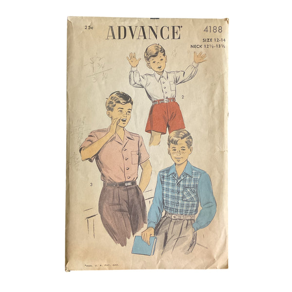 Vintage 1950s Advance Sewing Pattern 4188 Boys Long or Short Sleeve Shirt