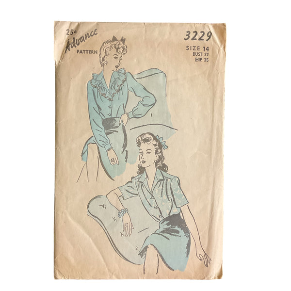 Vintage 1940s Ladies Blouse Advance Pattern 3229 Size 14 Bust 32